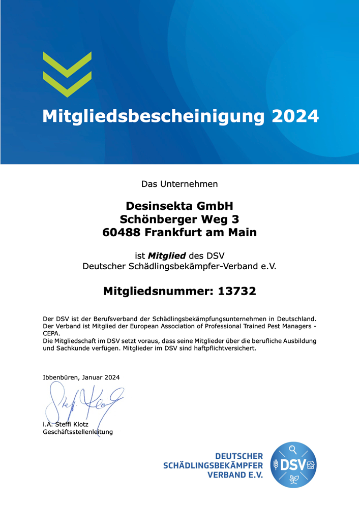 Desinsekta Mitgliedsbescheinigung 2024